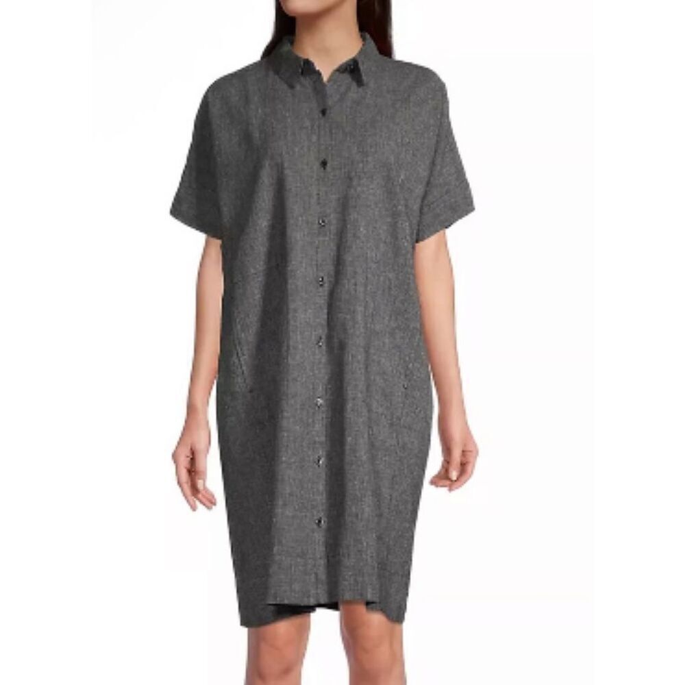 Eileen Fisher Classic Collar Hemp Blend Versatile Button Up Shirt Black Dress M